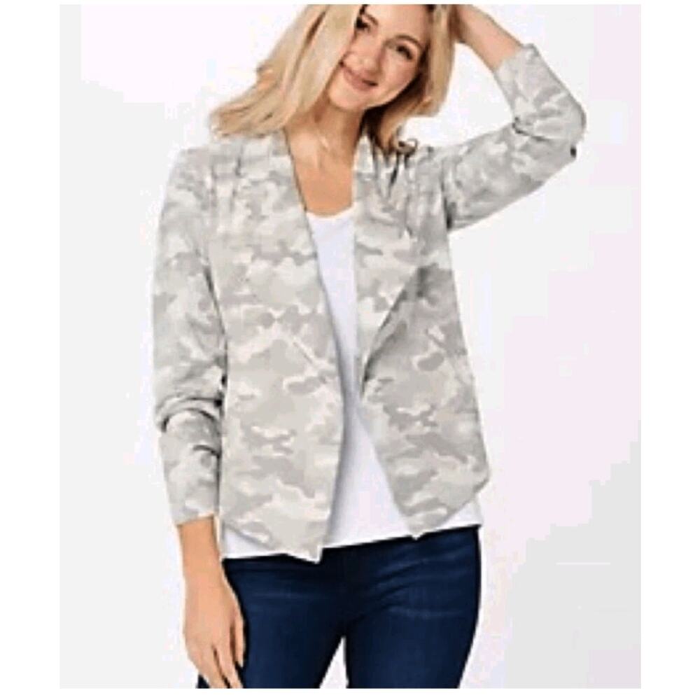 4334)Susan Graver Weekend Camo Print Cotton Knit Drape Front Jacket Medium